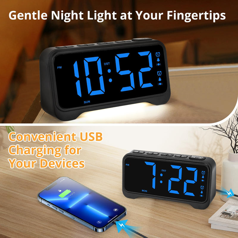 Loud Alarm Clock for Heavy Sleepers Adults, Vibrating Alarm Clock for Teens/Deaf, 7.5" Bright Clear Digital Screen, Adjustable Brightness with Night Light, 3 Levels Bed Shaker Under Pillow, Dual Alarm Blue