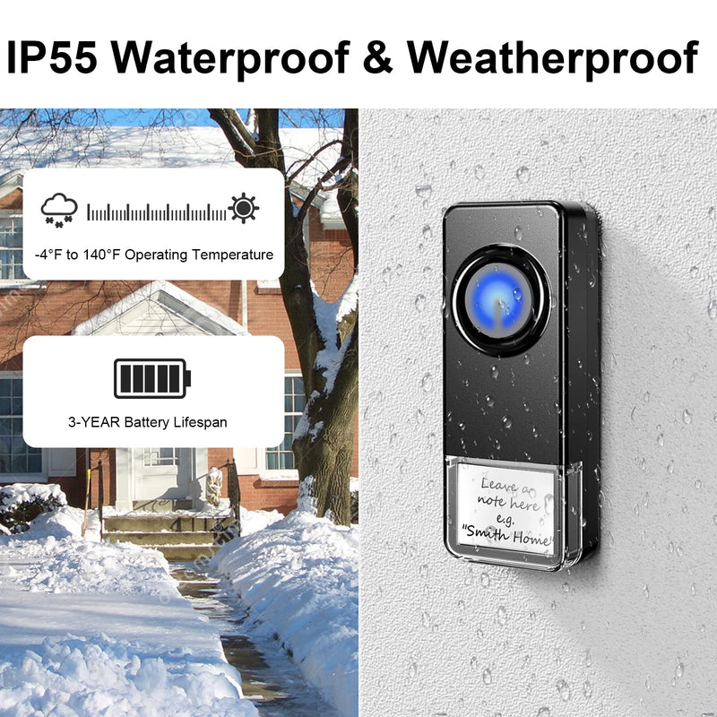 Wireless Doorbell - PHYSEN Door bell Chimes with Mute Mode - 58 Ringtones&5 Volume Levels Operating at 1300-ft Range LED Strobe, 2 Transmitters+3 Receivers Waterproof Doorbell Kit for Home/Classroom 2 Buttons + 3 Receivers