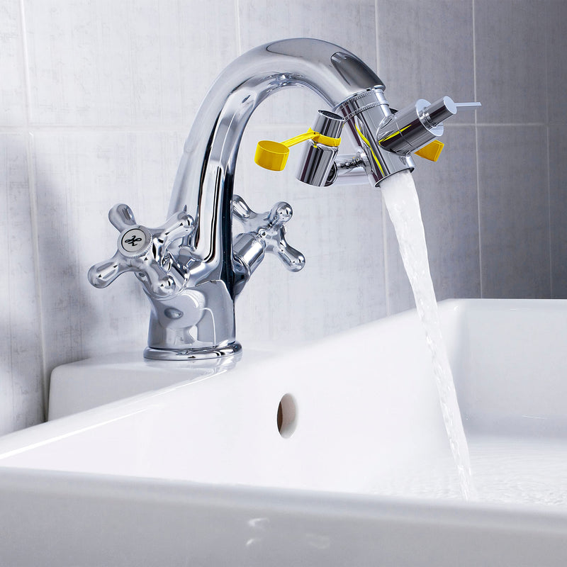 Skywin Eye Wash Kit - Eye Wash Units, Faucet Mounted Emergency Eye Wash Station Sink Attachment - Continuous Flow Eyewash Station with Common Sink Adapters and Inspection Tags (Yellow Caps)