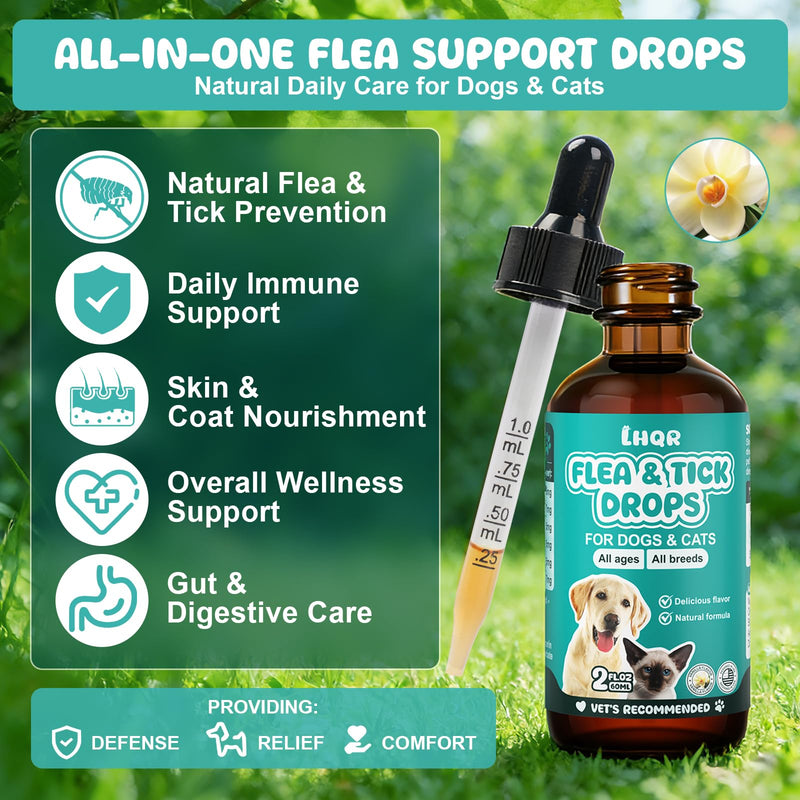 Flea & Tick Support for Dogs and Cats, Supports Healthy Skin Coat & Digestion, Herbal Ingredients Suit for All Breeds and Sizes -Vanilla-2 FL Oz