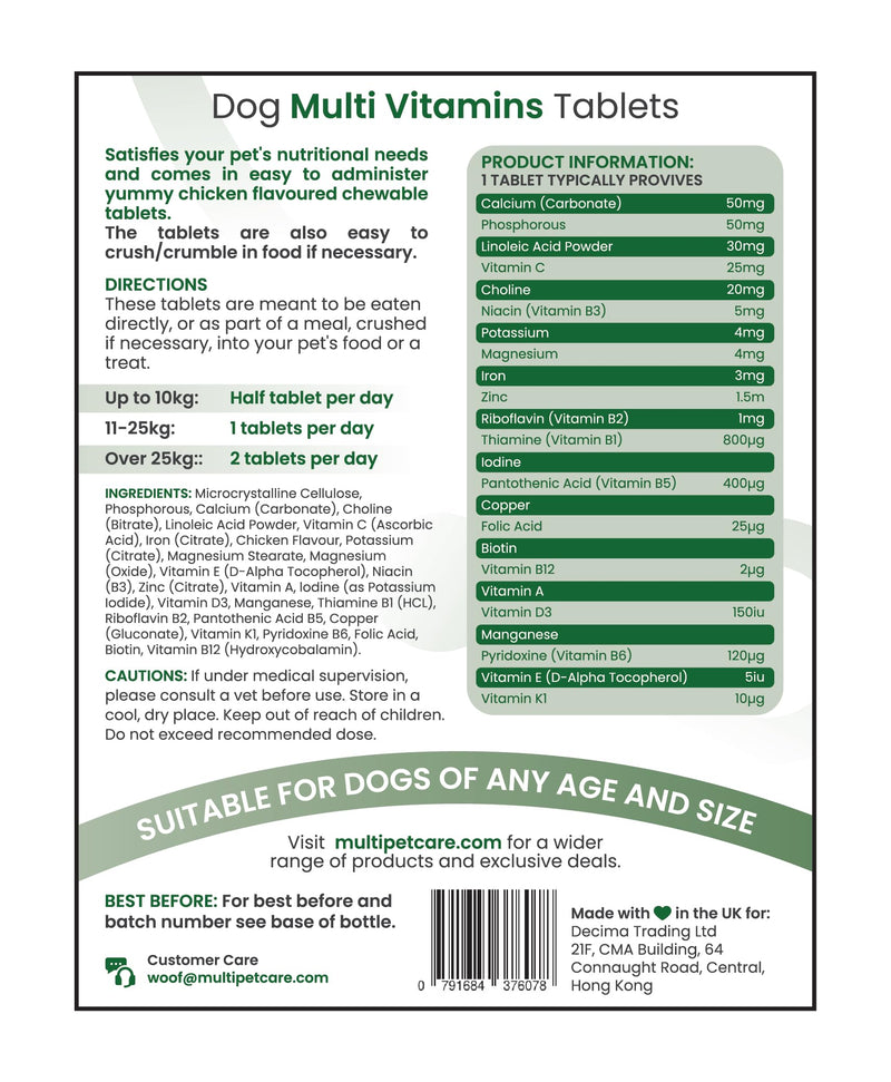 Dog Multivitamin 22-in-1 – Dog Vitamins and Supplements with Calcium, Zinc, Iron & Full B-Complex | Immune, Skin & Coat, Bone & Joint Support | Chicken Flavor Tablets | UK GMP | 120 Ct