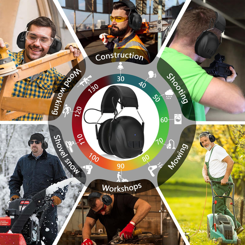 Bluetooth 6.0 Hearing Protection with 120H Working Time, 30dB Safety Earmuffs, Rechargeable Ear Protection Headphones with Mic for Mowing, Workshops, Construction, Snowblowing, Black