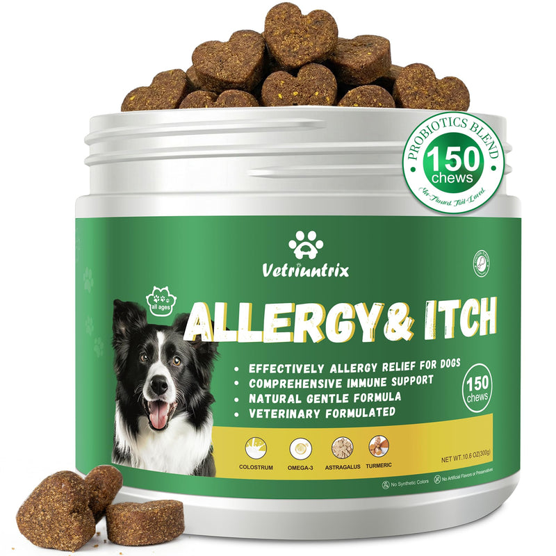 Dog Allergy Chews 150ct, Dog Itch Relief Chews for Large Dogs Paw Licking Itchy Skin Seasonal Allergies, Probiotics with Omega-3 Turmeric Astragalus for Coat Immune Supplement Chicken 150 Chews