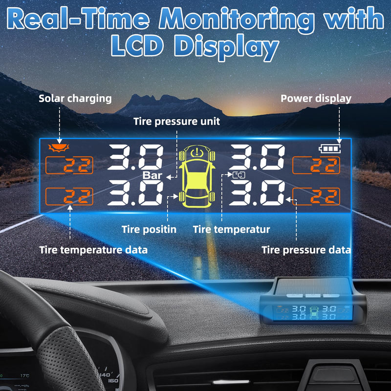 Tire Pressure Monitoring System with Solar Charge,TPMS Tire Pressure Monitor System with 4 External sensors & 5 Alarm Modes, Real Time Monitoring Pressure & Temperature,Suitable for 4 Wheeled Vehicles