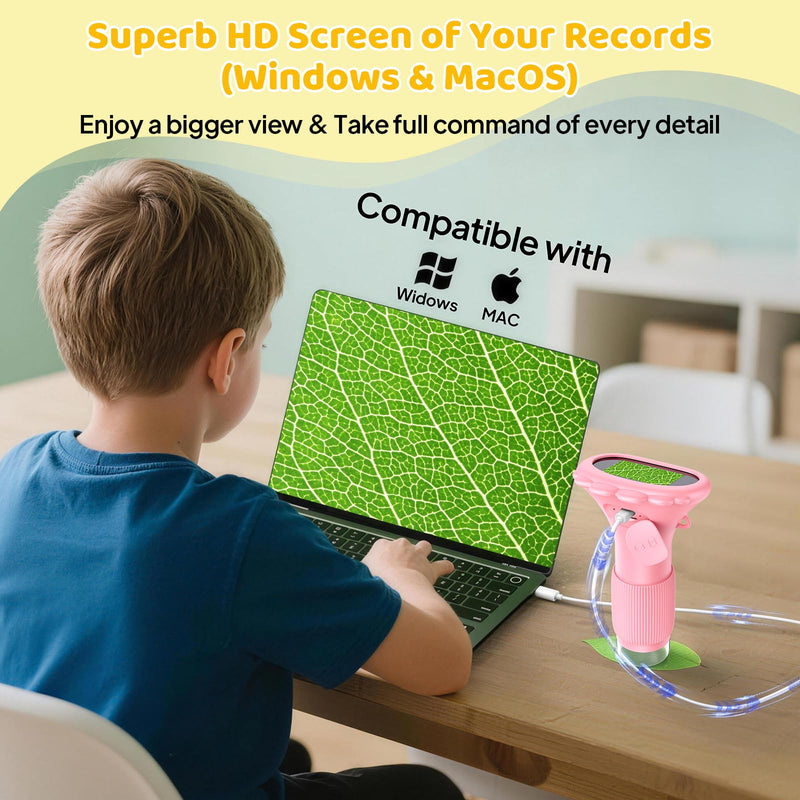 Kids Magnifying Glass, 2.0 Inch Digital Screen Mini Pocket Microscope for Bug - 200x Zoom Handheld Microscope with Adjustable Lights, Edu Birthday Gifts for Age 3-12 Girls Pink