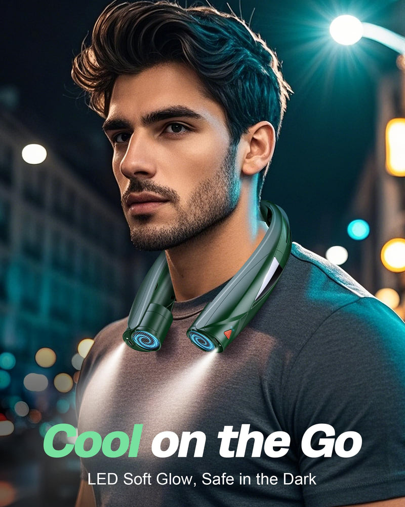 Portable Neck Fan - with LED Book Light, 6-20 Hrs Long Battery, 6-Speed Adjustable, USB-C Rechargeable, Ultra Quiet, Hands-Free Personal Cooling for Men Women Outdoor Indoor Green