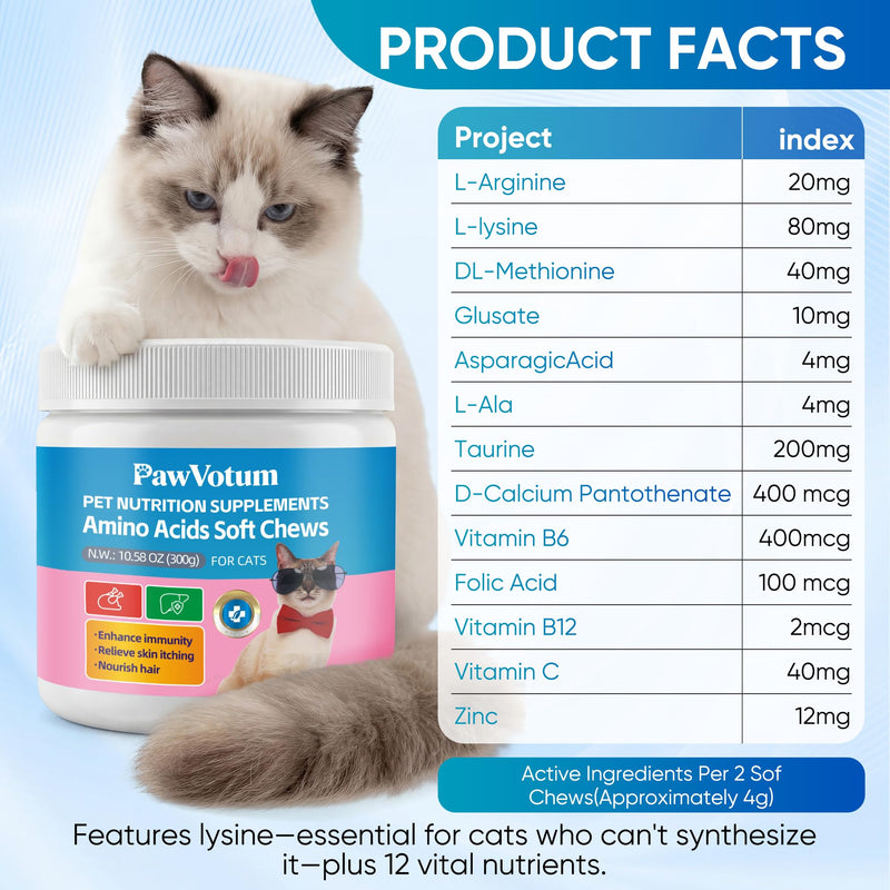 Cat Multivitamin Amino Acids Chews, Pet Vitamins and Supplements Contains Lysine, DL-Methionine and Taurine, Supports Immune and Liver Health, Improves Skin Condition, Maintains Eye Function