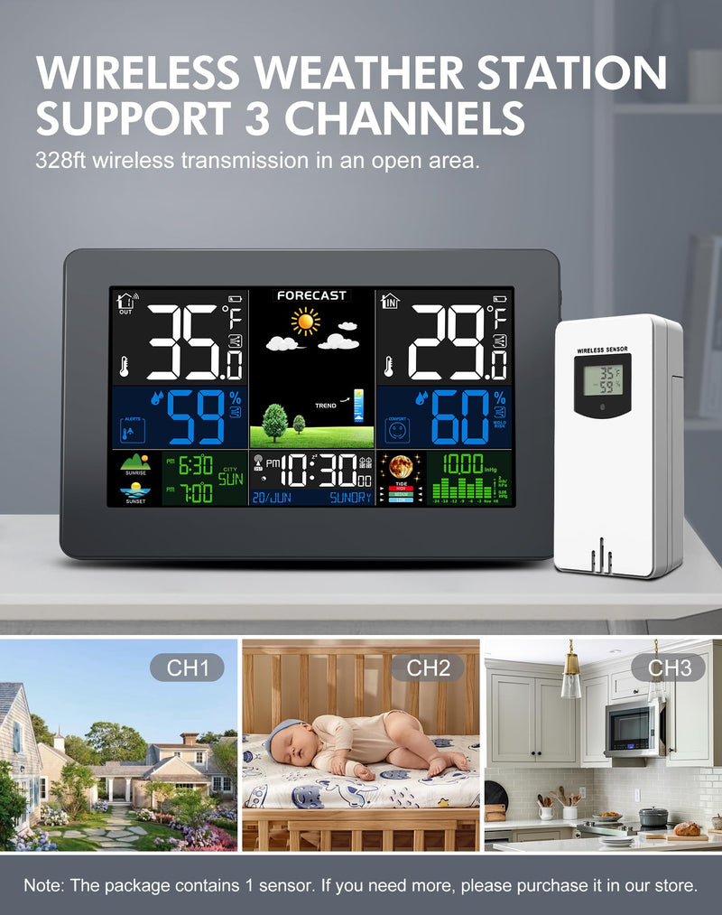 Weather Station Wireless Indoor Outdoor Thermometer, Digital Thermometer with Remote Sensor, Large Display Home Weather Stations with Weather Forecast, Atomic Clock, Barometric Pressure, Moon Phase Black XL