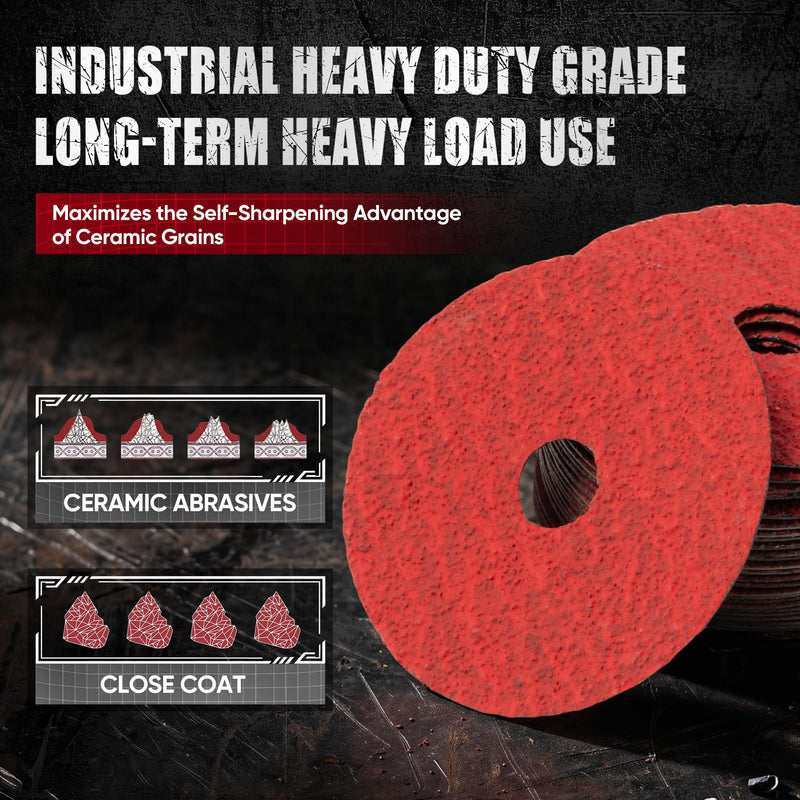 Ceramic Resin Fiber Sanding and Grinding Discs 4.5” x 7/8”with Backing Pad, 24/36/60/80/120 Grit - 25 Pack 24/36/60/80/120grit-25Pack
