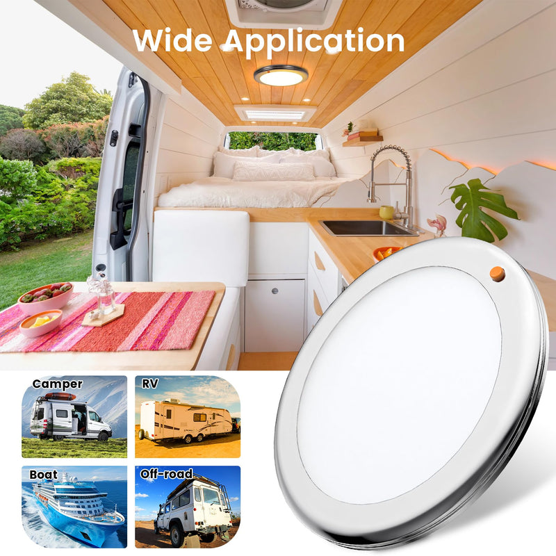 7" LED Marine Boat Ceiling Dome Light 3CCT RV Lights Interior Stainless Surface Mount Cabin Lights with Push Button 12V Light Fixture for Truck Camper Trailers Yacht Silver
