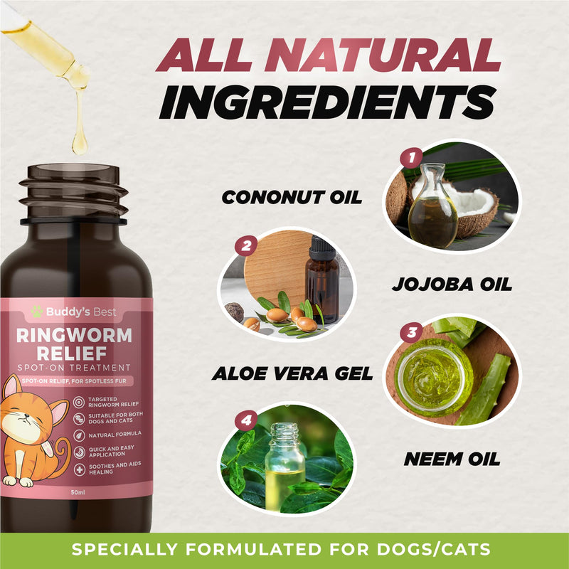 BUDDY'S BEST Ringworm Relief Spot-On Treatment for Dogs & Cats: Natural, Fast-Acting Formula with Jojoba & Neem Oil, Soothes & Heals Skin, Easy Application, 50ml - PawsPlanet Australia