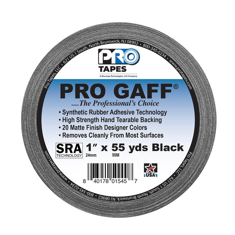 1" Width ProTapes Pro Gaff Premium Matte Cloth Gaffer's Tape With Rubber Adhesive, 11 mils Thick, 55 yds Length, Black (Pack of 1)