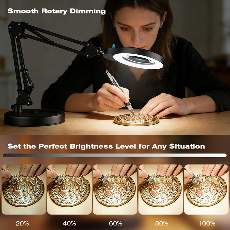 10X Magnifying Glass with Light and Stand, 5 Color Modes & Stepless Dimmable LED Magnifying Lamp, Hands Free Desktop Lamp for Reading, Crafts, Hobby and Close Work
