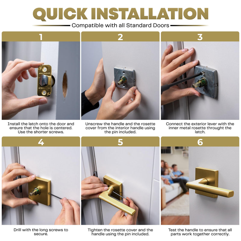 Mega Handles Prime Passage Lever Door Handle for Closet or French Doors, Single Side Door Levers, Fits All Standard Door Sizes, Covered Screws Included - Satin Brass (1 Pack) 5" 1 Pack