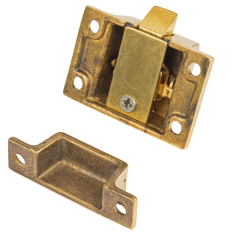 Small Heavy Duty Solid Brass Cabinet Door Latch - 1-3/4" × 1-3/4" - Spring Loaded Cupboard Door Latch with Oval Turn - Vintage Cabinet Hardware | UA-101-LPB