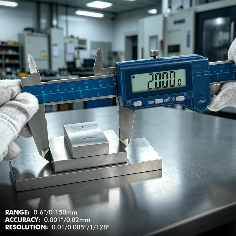 Dasqua 6”/150mm IP67 Absolute Origin Digital Caliper, Stainless Steel, Accuracy ±0.001”/0.02mm, Resolution 0.0005"/0.01mm/1/128, Water/Coolant/Dust Protection, in/mm/Fraction Conversion Blue Case Cover 6"/150mm
