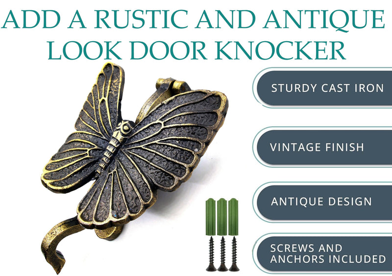 5MOONSUN5's Butterfly Door Knocker Door Knocker for Front Door | Antique Finish Solid Cast Iron Door Knockers with Strike Plate