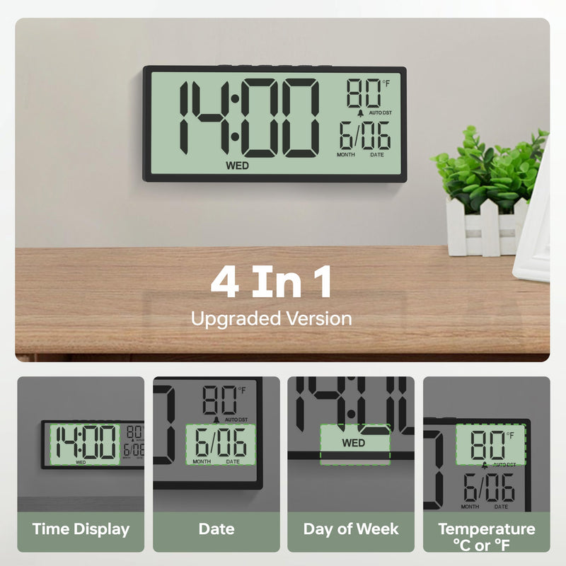 JALL 14.5" Large Digital Wall Clock Battery Operated with Big Digits LCD Screen Display, Day, Date, Alarm, Auto DST, Temperature for Living Room, Bedroom, Desk Decor, Mounted, Gift for Elderly Black