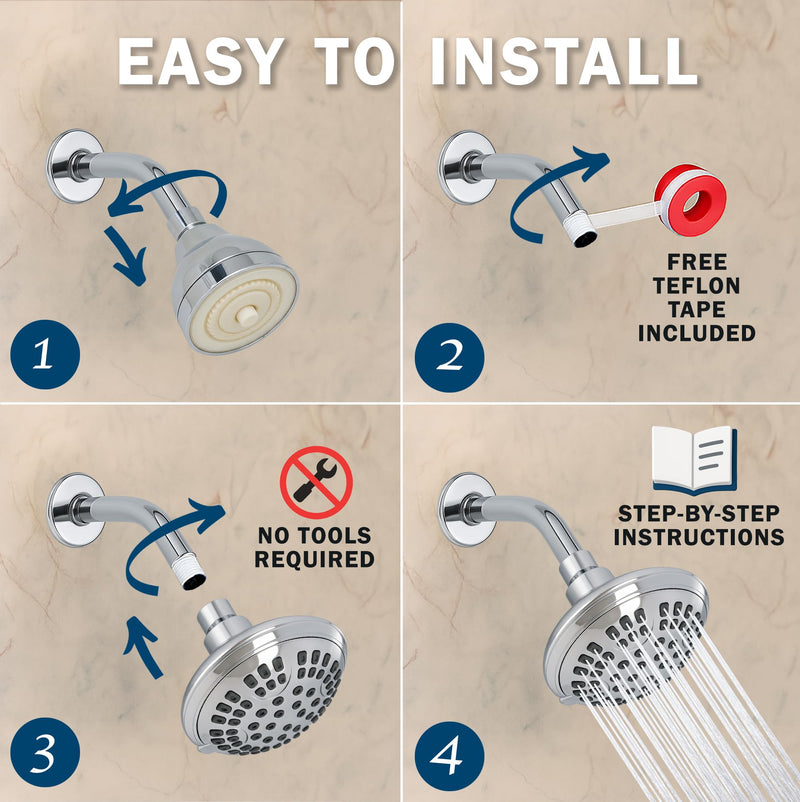 6 Function Adjustable Luxury Shower Head - High Pressure Boosting, Wall Mount, Bathroom Showerhead For Low Flow Showers, 2.5 GPM - Chrome