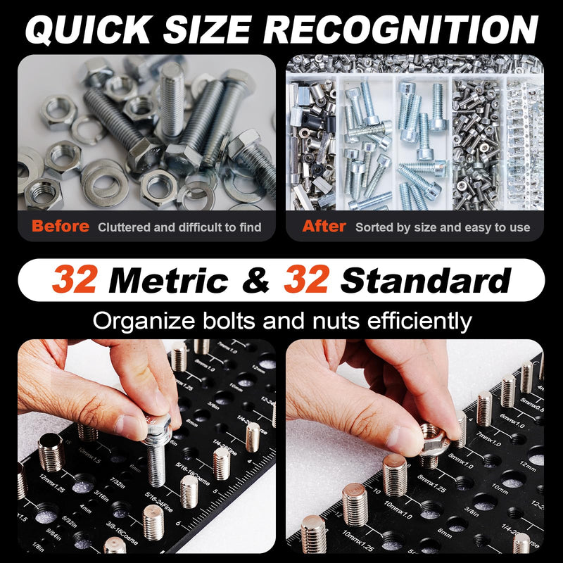 Thread Checker, 32 Nut and Bolt Thread Checker, Bolt Size and Thread Gauge 16Standard & 16 Metric, Bolt Size Finder, Wall-Mountable Bolt Thread Identifier Gauge with Inch & CM Ruler