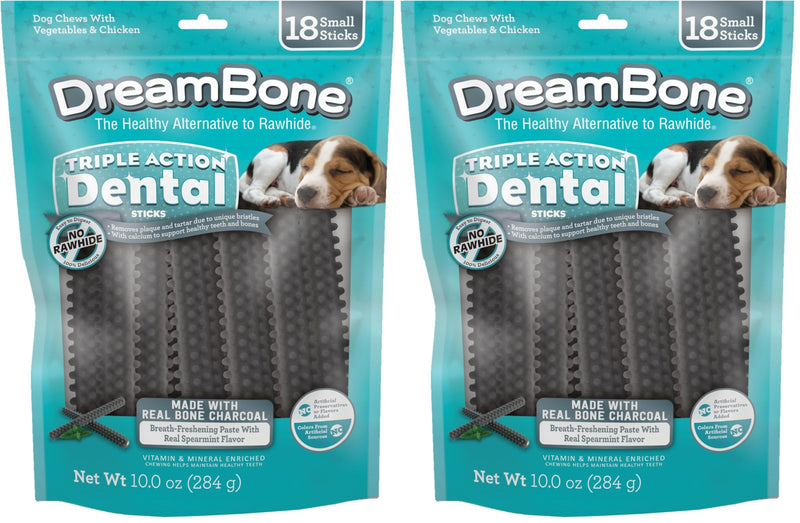 DreamBone Triple Action Dental Sticks Charcoal, 18 Count, Rawhide-Free Chews for Small and Medium Sized Dogs Freshens Breath (Pack of 2) 10 Ounce (Pack of 2)
