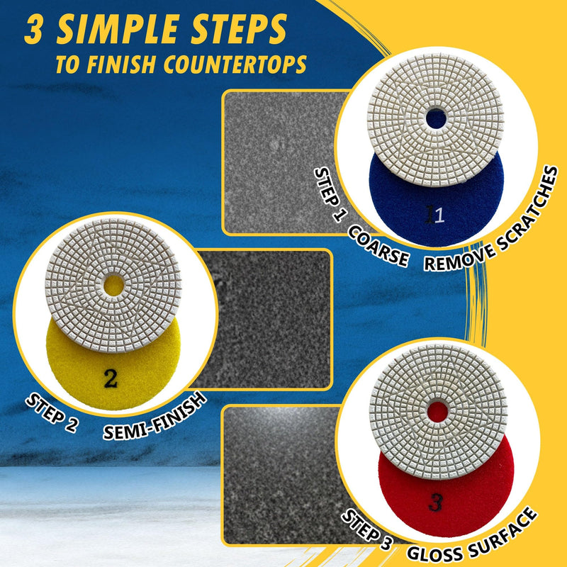 4-Inch 3-Step Diamond Polishing Pads with Rubber Backer for Granite, Quartz, Marble & Stone Surfaces, 4PCS Set 3-Step + Rubber Backer