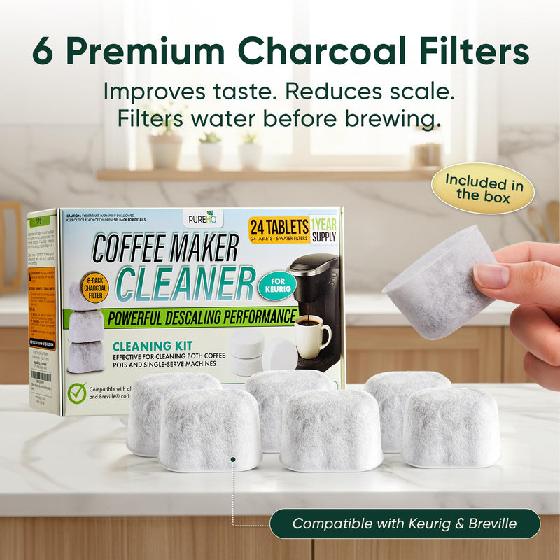 Coffee Maker Cleaner Tablets – 24 Count, Descaling Tablets for Keurig and Breville Machines – Includes 6 Water Filter Cartridges – Deep Cleaning Descaler Tab for Espresso & Single-Serve Coffee Makers