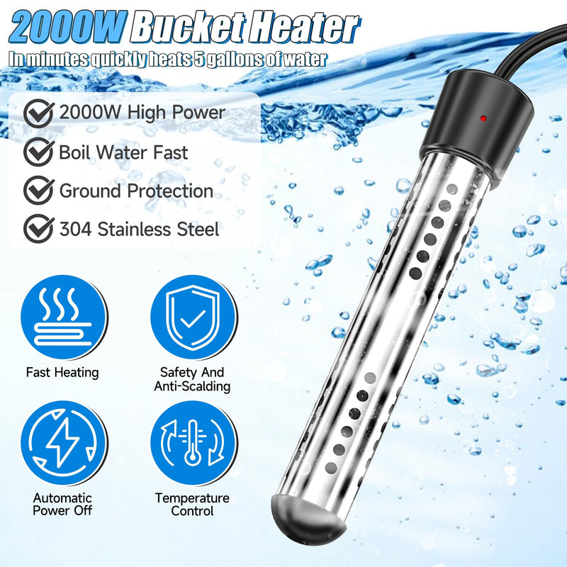 Immersion Water Heater, 2000W Portable Electric 304 Stainless Heaters with Guard Cover - LCD Thermometer for Above Ground Inflatable Pool Tub Buckets Motorhome Camping Outdoor