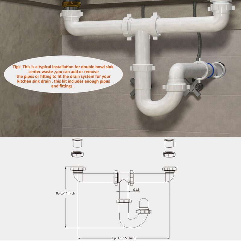 Kitchen Sink Drain Kit,1-1/2”,for Most Kitchen Sink Drain Repair Kit and Bathroom Sink Drain Kit, Kitchen Sink P Trap Drain Kit 1 1/2” for Sink Plumbing Kit, Completed Sink Pipe Replacement Kit