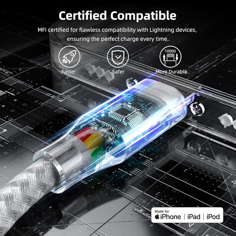 iPhone Charger 3 Pack 10 ft Apple MFi Certified Lightning Nylon Braided Cable Fast Charging Cord Compatible with iPhone 13 12 11 Pro Max XR XS X 8 7 6 Plus SE iPad and More GrayWhite
