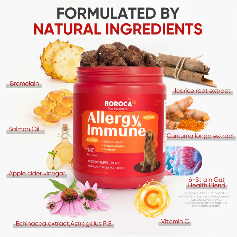 Dog Allergy Relief Chews – Anti Itch & Skin Support for Dogs, Stops Scratching, Paw Licking & Hot Spots, Probiotics for Gut & Immune Health, Chicken Flavor, 180 Soft Chews Light Brown