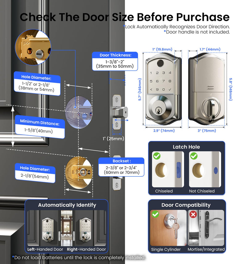 Veise VE017 Fingerprint Smart Door Lock, App Control, 7-in-1 Keyless Entry, Auto Lock, Emergency Power Port, Electronic Touchscreen Keypad, Biometric Smart Locks for Front Door, Satin Nickel