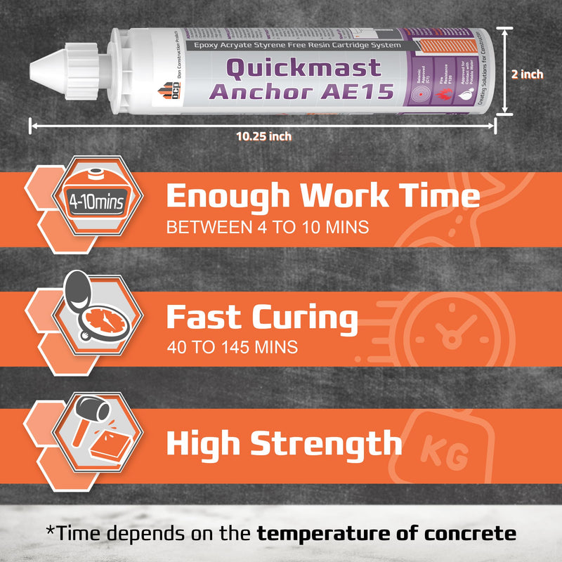 DCP Quickmast AE15 Concrete Epoxy for Rebar and Rods – High-Strength Anchoring System, Two-Part Acrylate Epoxy with Cartridge and Nozzles, 10.1 fl oz – 1 Pack