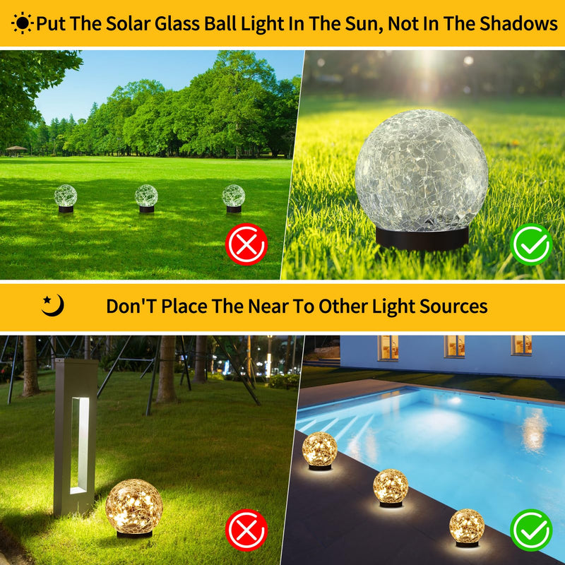 Solar Globe Lights Outdoor Waterproof - Cracked Glass Ball Lights for Garden, Patio, Yard, Lawn and Backyard Decor - Solar Orbs for Outside Decorations 4 Globes Warm White