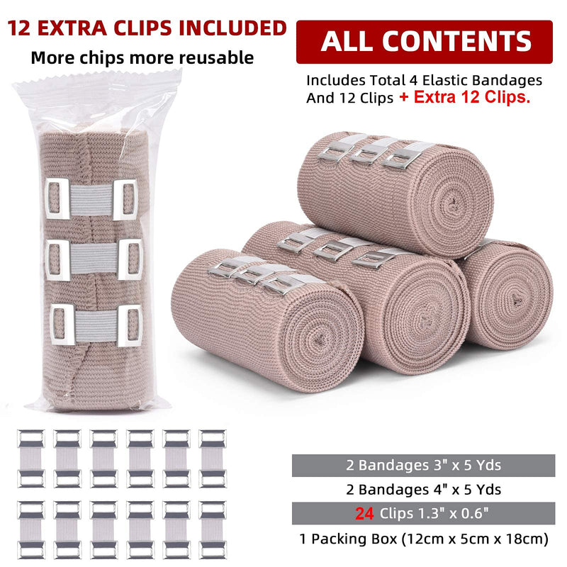Elastic Bandage Wrap 4 Pack(2 X 3 + 2 X 4 Wide Rolls) + 24 Clips | Stretch Compression Bandage Stretches up to 15ft | Ideal for Medical, Sports, Sprains, Calf, Ankle & Foot 4 Count (Pack of 1)