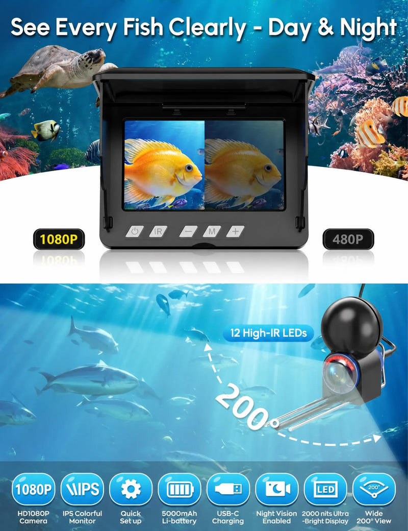 200° Ultra-Wide 1080P HD Underwater Fishing Camera with LED Flashlight Glove, IR Night Vision, 50FT Cable for Ice Lake Boat Kayak Fishing