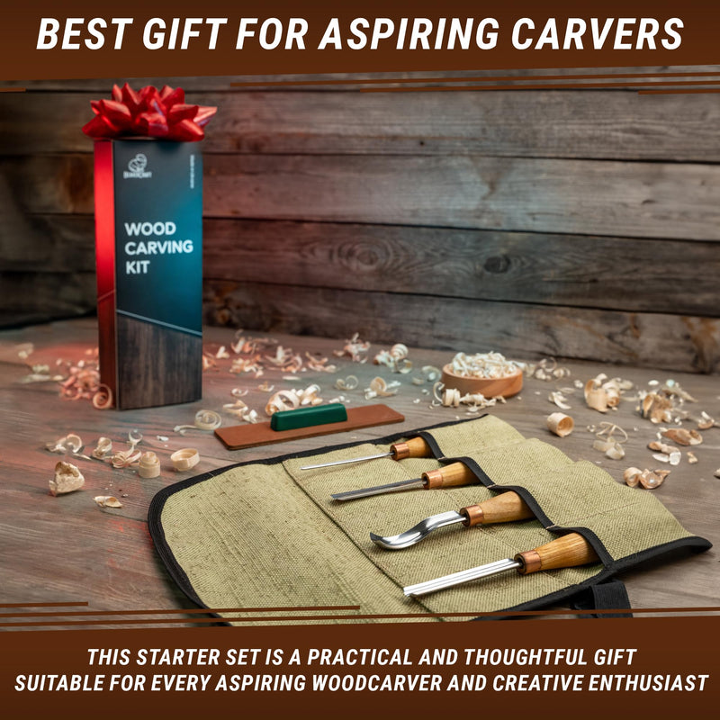 BeaverCraft Wood Carving Chisel Set SC01 - Gouge Wood Carving Tools Kit in Rolling Pouch with Leather Strop Polishing Compound Kit - Radial Gouges Flat Chisel Bent Gouge (Chisel Set)