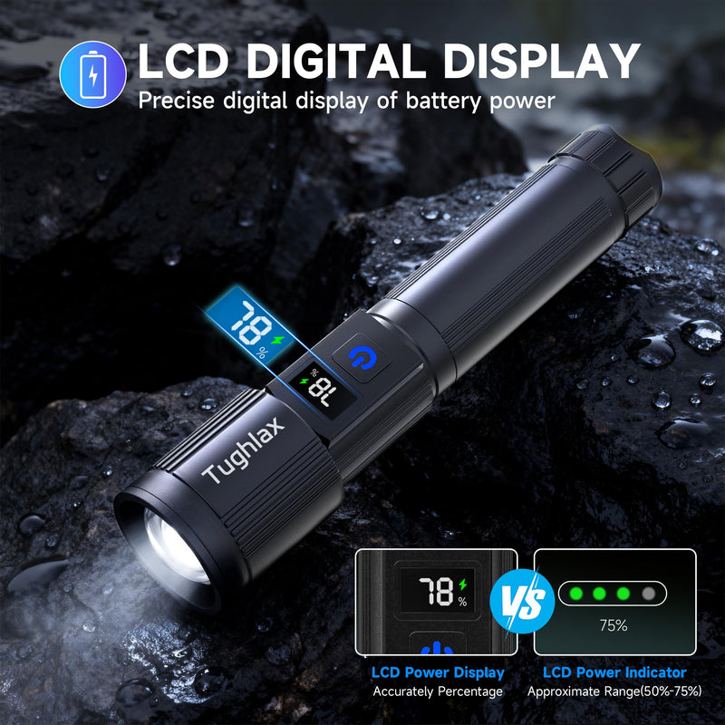 4Pack Rechargeable Flashlights High Lumens 10000LM, Super Bright Flashlight with LCD Digital Display, 5 Modes Adjustable Flash Light, LED Flashlight Powerful, Tactical Flashlights for Home