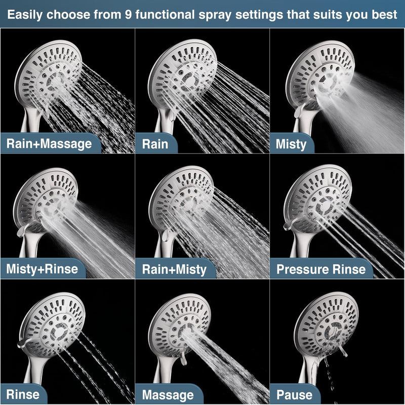 BRIGHT SHOWERS 9 Spray Settings Shower Head with Handheld High Pressure Brushed Nickel Hand Held Showerhead with 60 Inch Stainless Steel Hose and Adjustable Overhead Bracket 2.5 Gallon Per Minute