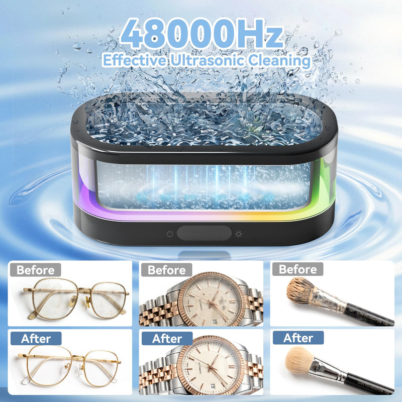 Ultrasonic Jewelry Cleaner with RGB Ambient Light, 48KHz Ultrasonic Cleaner for Jewelry, Glasses, Retainers, Dentures, Rings & Watches, 350ML SUS304 Stainless Steel Cleaning Machine, Black
