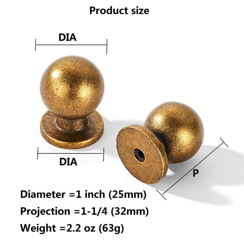 khtumeware 10 Pack 1 Inch (25mm) Diameter Round Solid Vintage Antique Brass Finish Kitchen Cabinet Knobs,Ball Cabinet knobs. Knob