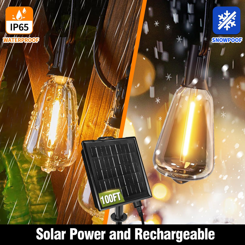 100FT Solar String Lights Outdoor Waterproof with Remote & Timer, LED Shatterproof ST38 Bulbs, USB & Solar Powered Patio Lights for Backyard, Porch, Garden, Wedding, Christmas Decor 100FT