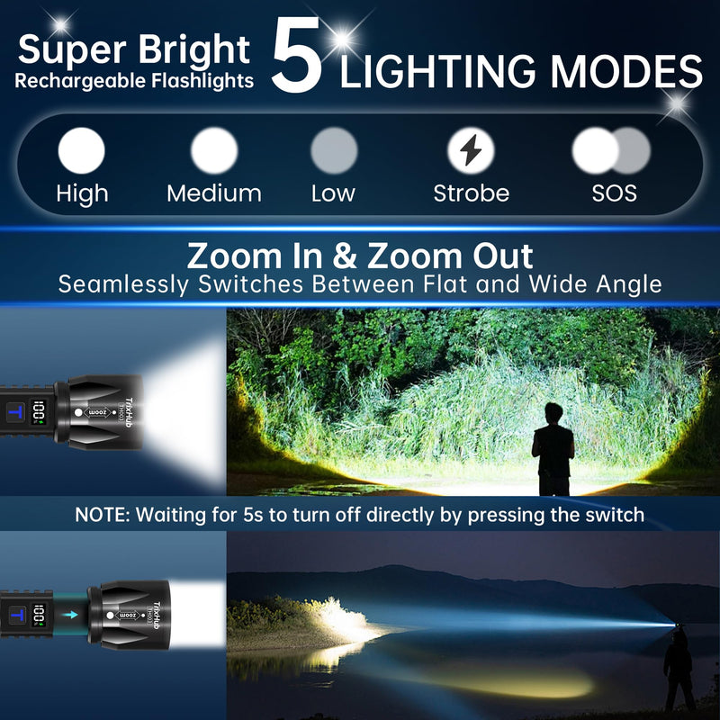 Rechargeable Flashlights High Lumens 2Pack, 5Mode Flash Light with LCD Digital Display, Super Bright Flashlight Adjustable Tactical Flashlight, High Powered LED Handheld Flashlight for Home 2 Pack