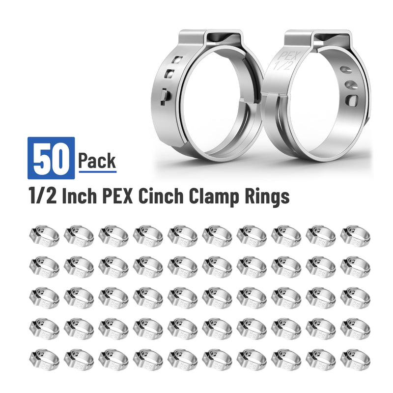 Bates- PEX Cinch Clamp Rings, 1/2", 50 Pack, Stainless Steel, 1/2 Pex Clamp, Pex Pipe Clamps, 1/2 Pex Crimp Ring, 1/2 Pex Clamps, 1/2 inch Pex Crimp Rings, Pex Clamps 1/2 inch, Pex 1/2 Crimp Rings
