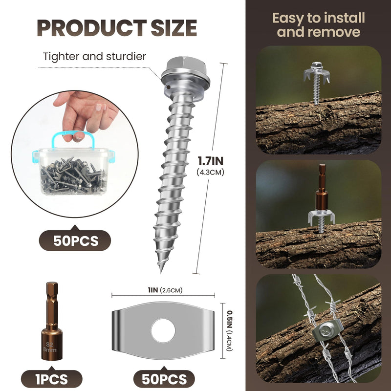50 Pcs Fence Staples for Wire Fencing, Fence Fasteners for Wire Fence，Fencing Screws for Softwoods, Reuse Fence Nails, Wire Fence Staples with Hex Adapter- Stainless Steel 50 PCS