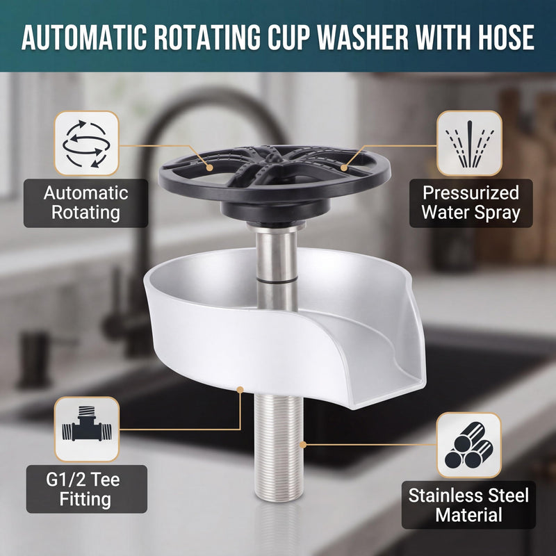 Automatic Glass & Cup Washer Sink Accessory with 360 Degree Rotating Spout Stainless Steel Dishwasher for Bottles Cups Utensils - Silver ABS Basin US 9/16