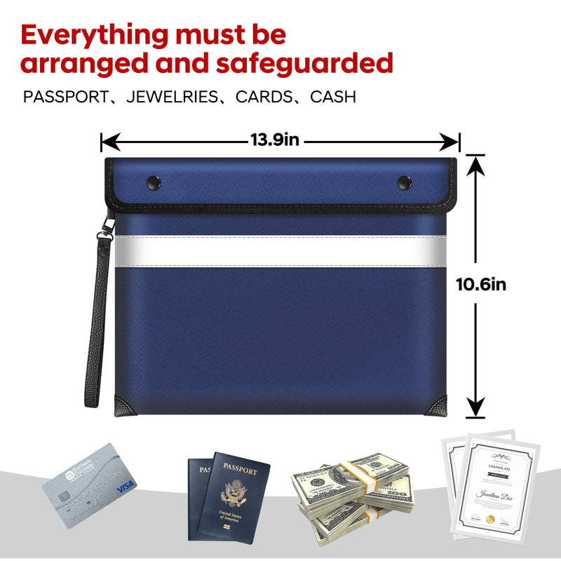 5200°F Heat Insulated Fireproof Document Bag with Zipper,13.9”x10.6” Water Fire Proof Pouch with Reflective Strip,8 Layers of Protective Materials Fireproof Money Bag for Cash,Jewelry(Blue) Blue Large size