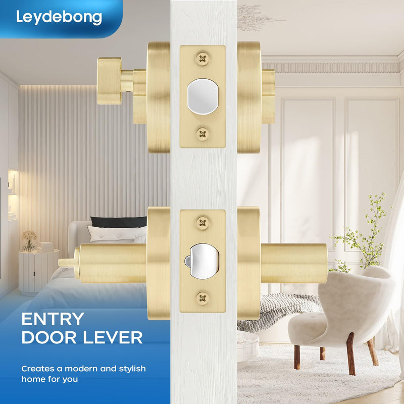 Leydebong 1 Pack Gold Heavy Duty Entrance Lever Door Handle (for Office and Front Door) Reversible for Right and Left Side Single Keyed Square Deadbolt Lock Set, Finish in Satin Brass Single Keyed Deadbolt Lockset (Keyed Alike)