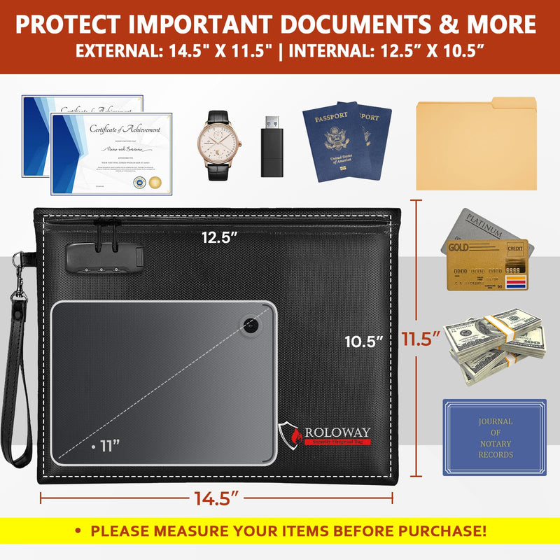 ROLOWAY Fireproof Document Bag (14.5 x 11.5 inch), 6400℉ Fireproof Money Bag with Zipper for Cash, Fire Safe Money Pouch with Lock (Black) Black