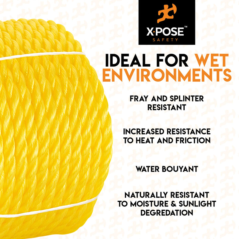 Yellow Twisted Polypropylene Rope - Floating Poly Pro Cord - Resistant to Oil, Moisture, Marine Growth and Chemicals - Reduced Slip, Easy Knot, Flexible - by Xpose Safety (1, 1/4" x 100') 1/4" x 100' - NewNest Australia